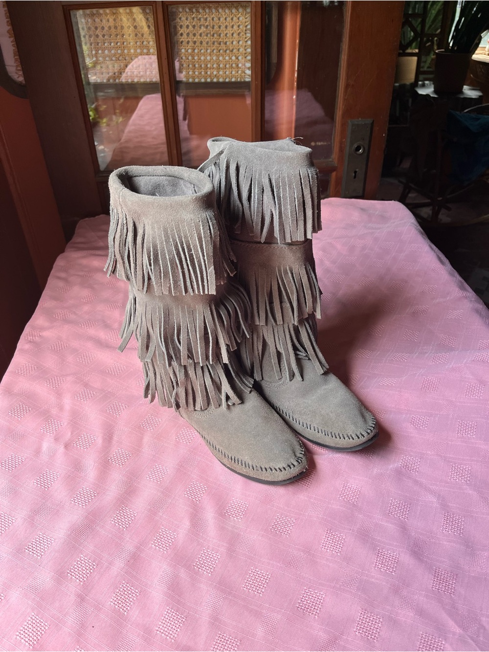 Minnetonka Taupe Suede Fringe Mid-Calf Boots